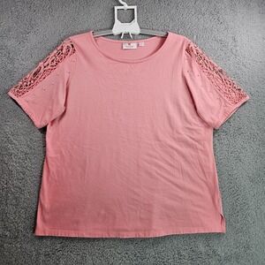 Quacker Factory‎ Top Blouse Women Size 1X Lace Short Sleeve Stretch Coral  - 1X